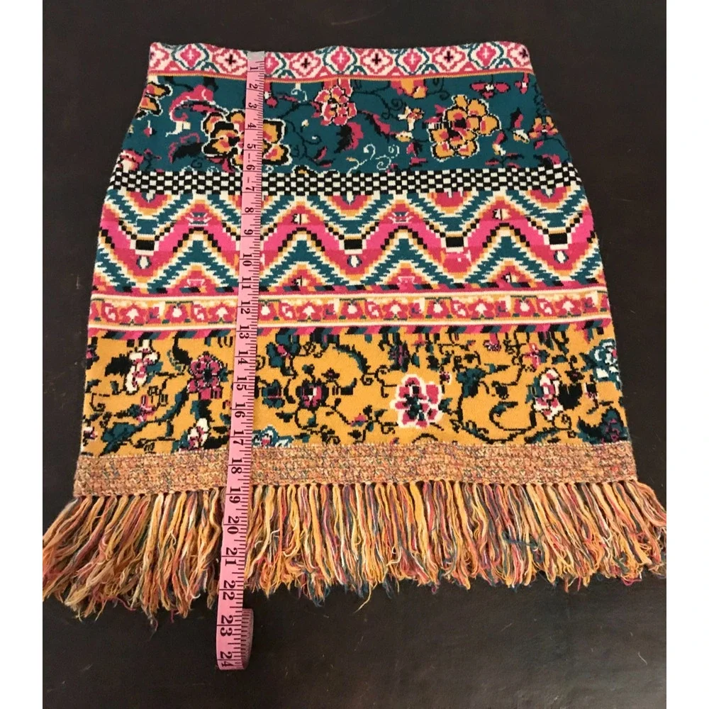 Anthro Fringed Sweater Mini Skirt XL Boho Abstract Print Tassel Hem Knit - Picture 6 of 10